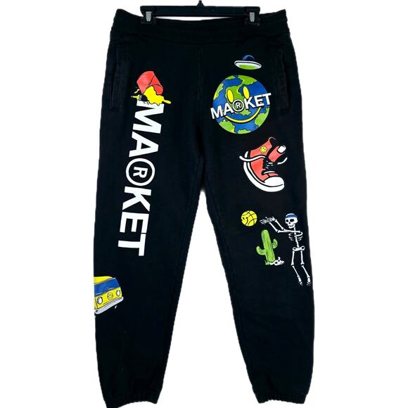 Market Smiley Black Sweatpants Sz Large Men's Collage Crocs Skeleton Casual AOP - Picture 1 of 11